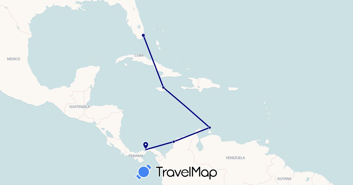 TravelMap itinerary: driving in Colombia, Jamaica, Netherlands, Panama, United States (Europe, North America, South America)